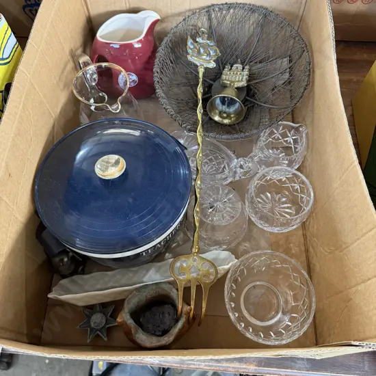 Box lot brass bell etc.