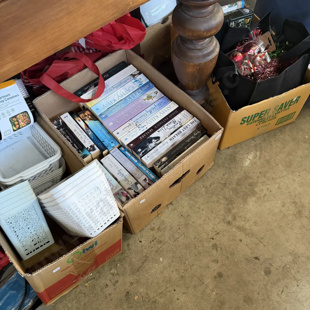 Three boxes books, christmas decorations and containers, bags etc. Image 1++
