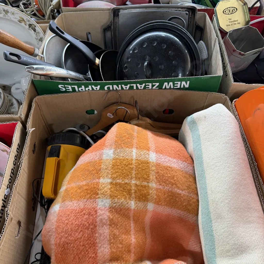 Two boxes two wool blankets, lidded roaster, frying pans and torch etc. Image 1++