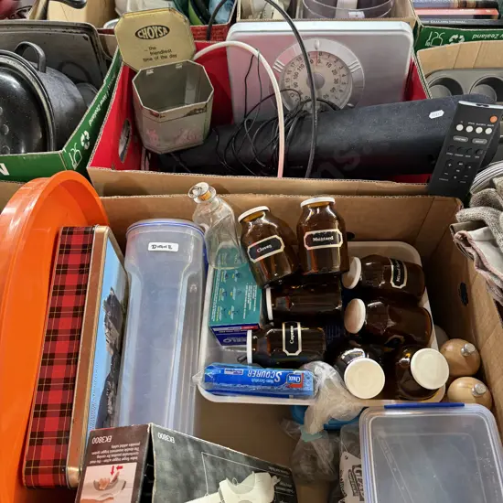 Two boxes Yamaha sound bar and remote, electric knife and spice jars etc.