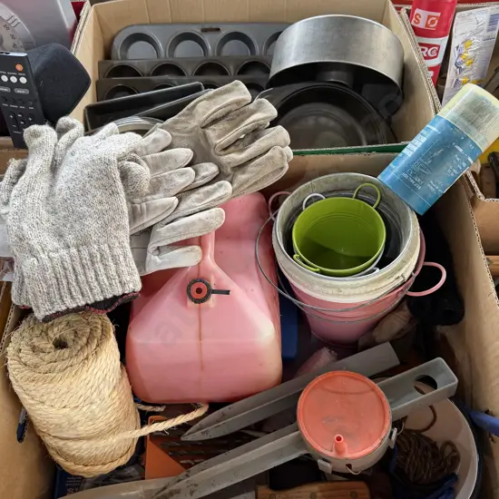 Two boxes baking, rope, gloves and drill bits etc.