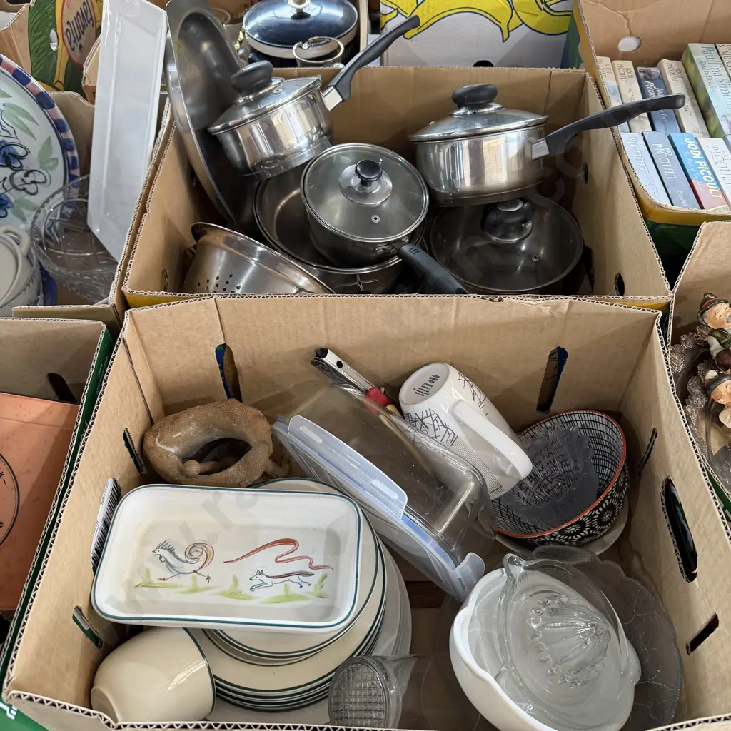 Two boxes lidded pots and dinnerware etc. Image 1++