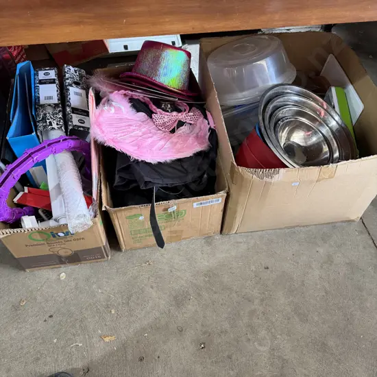 Three boxes of assorted items.