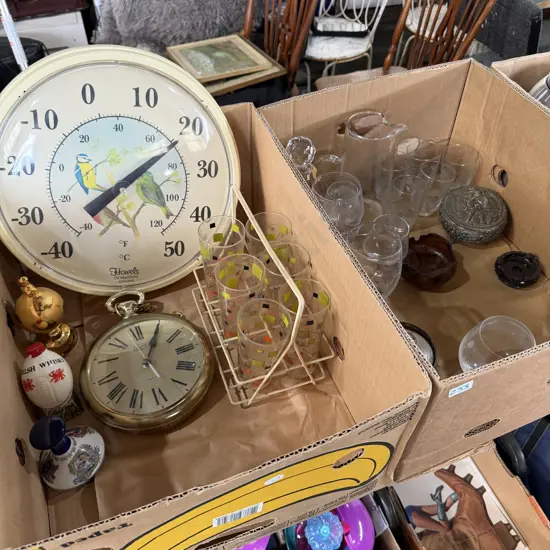 Two boxes Retro glasses set, clocks etc.