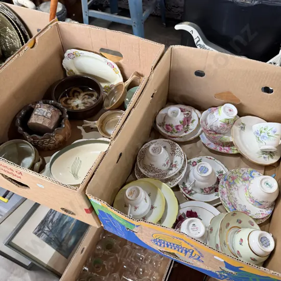Two boxes tea sets and pottery including Temuka.
