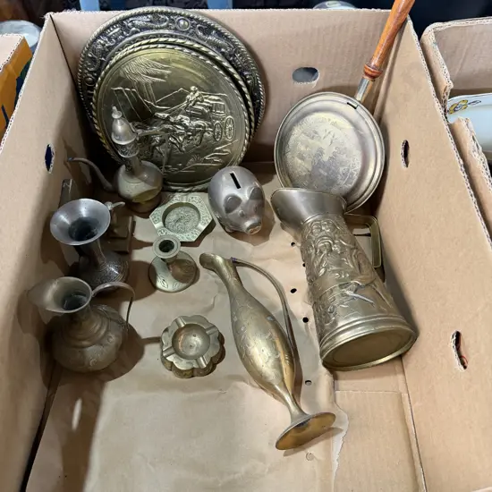 Box of brass items.