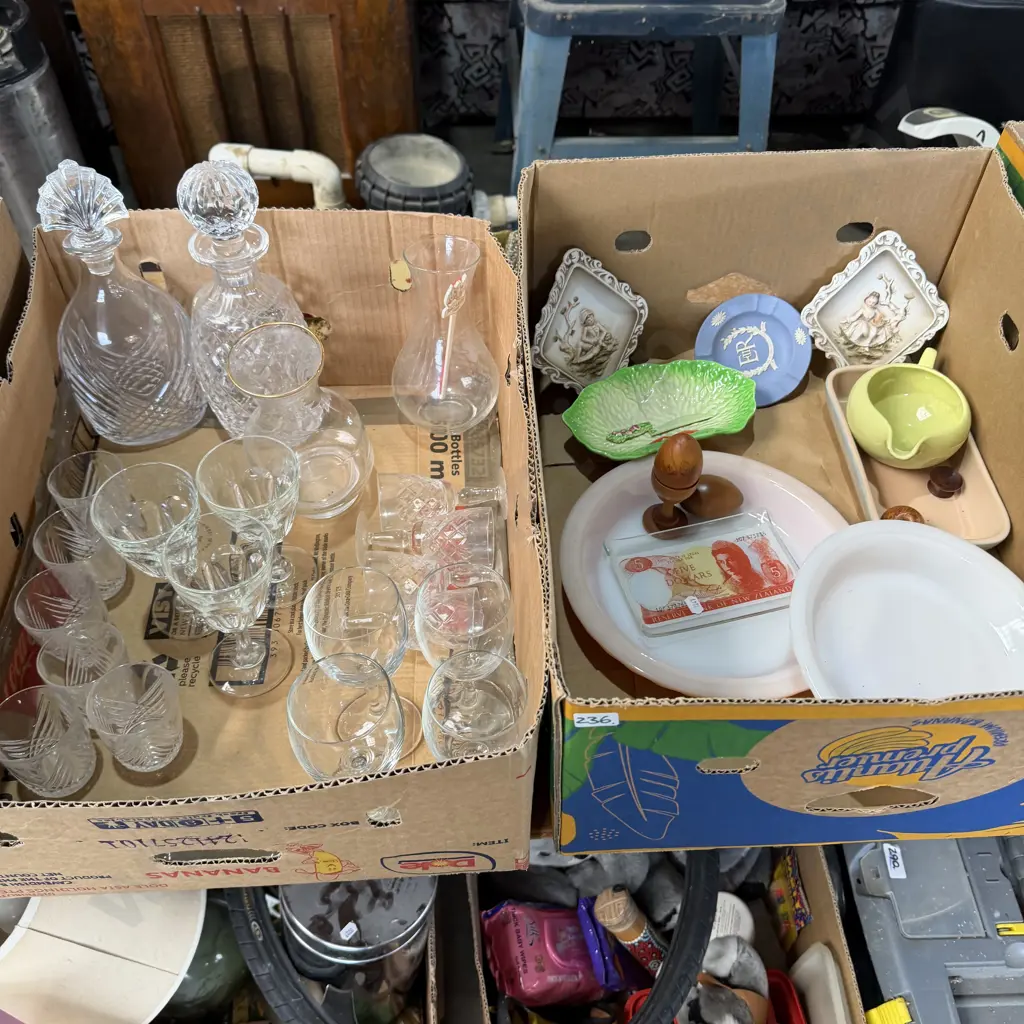 Two boxes of glassware, decanters, wedgewood etc. Image 1++