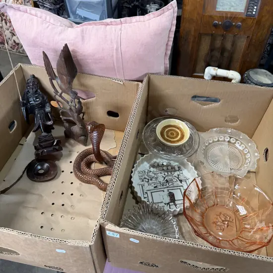 Two boxes carvings, cake stand, bowl etc.