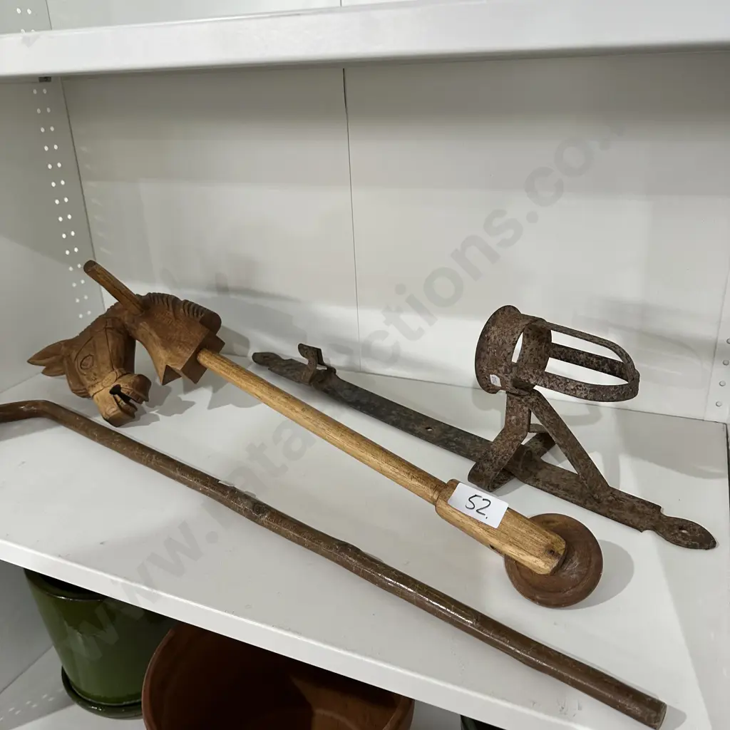 Candle holder, toy horse, walking stick Image 1++
