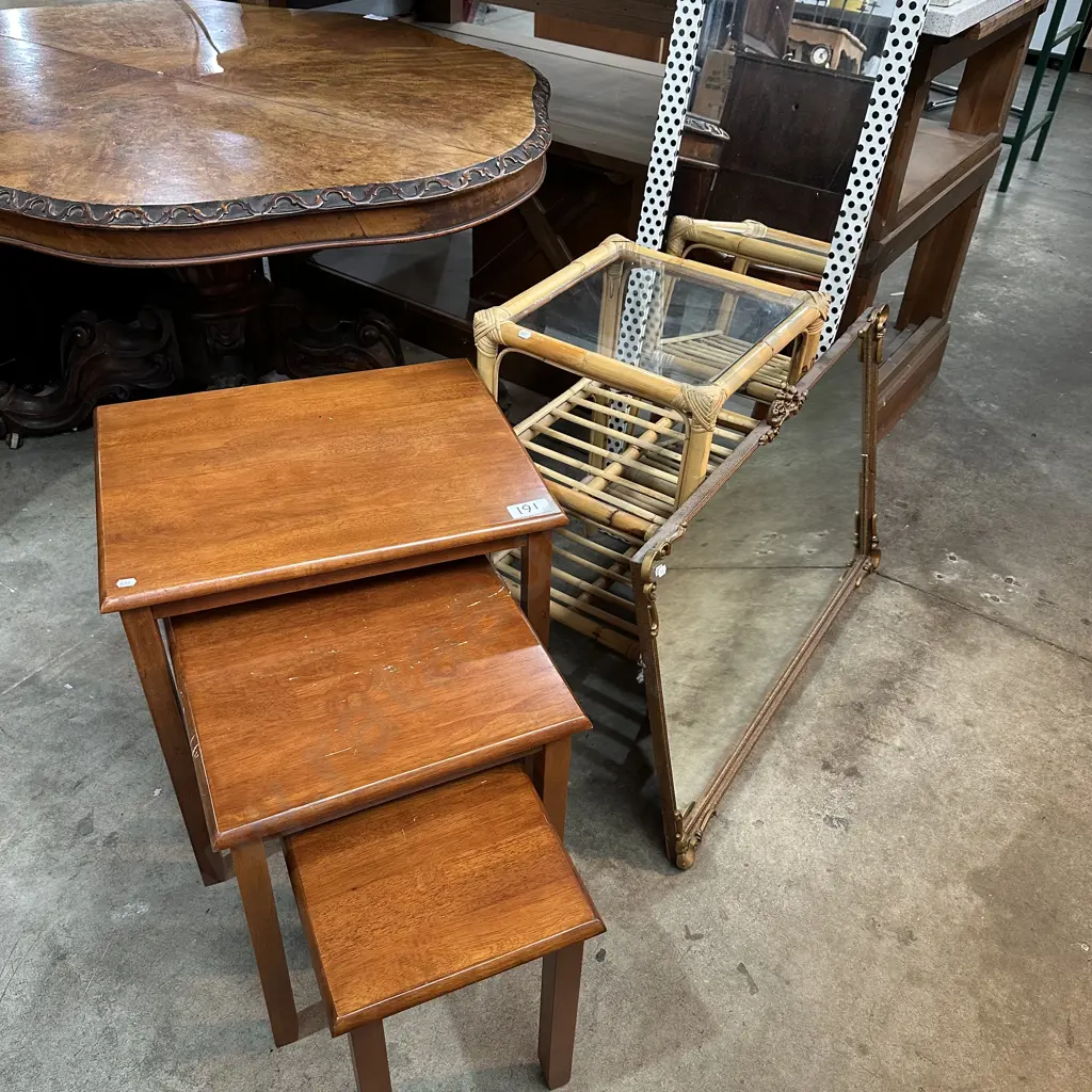 Nest tables, cane side, 2 mirrors as is Image 1++