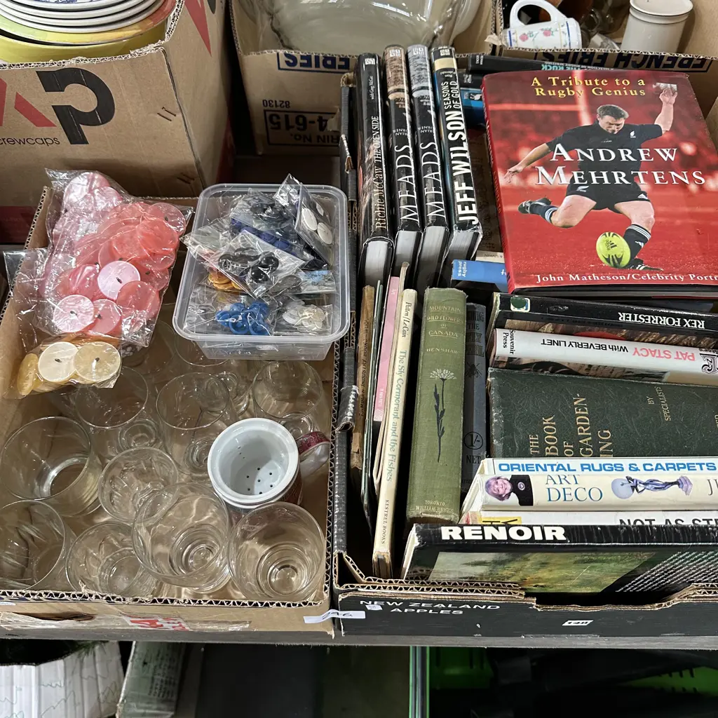 2 box buttons, books, glassware Image 1++