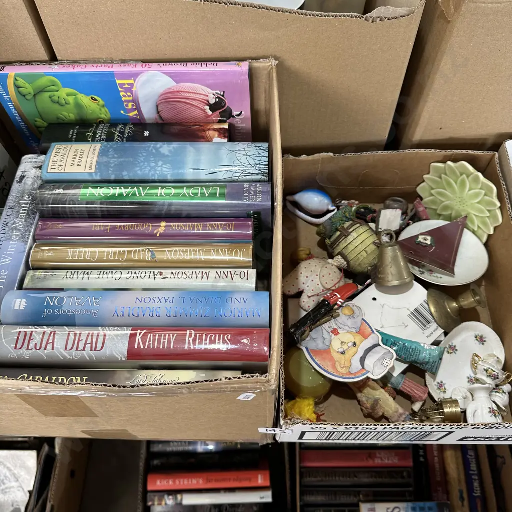 2 box books, brass bell and smalls Image 1++