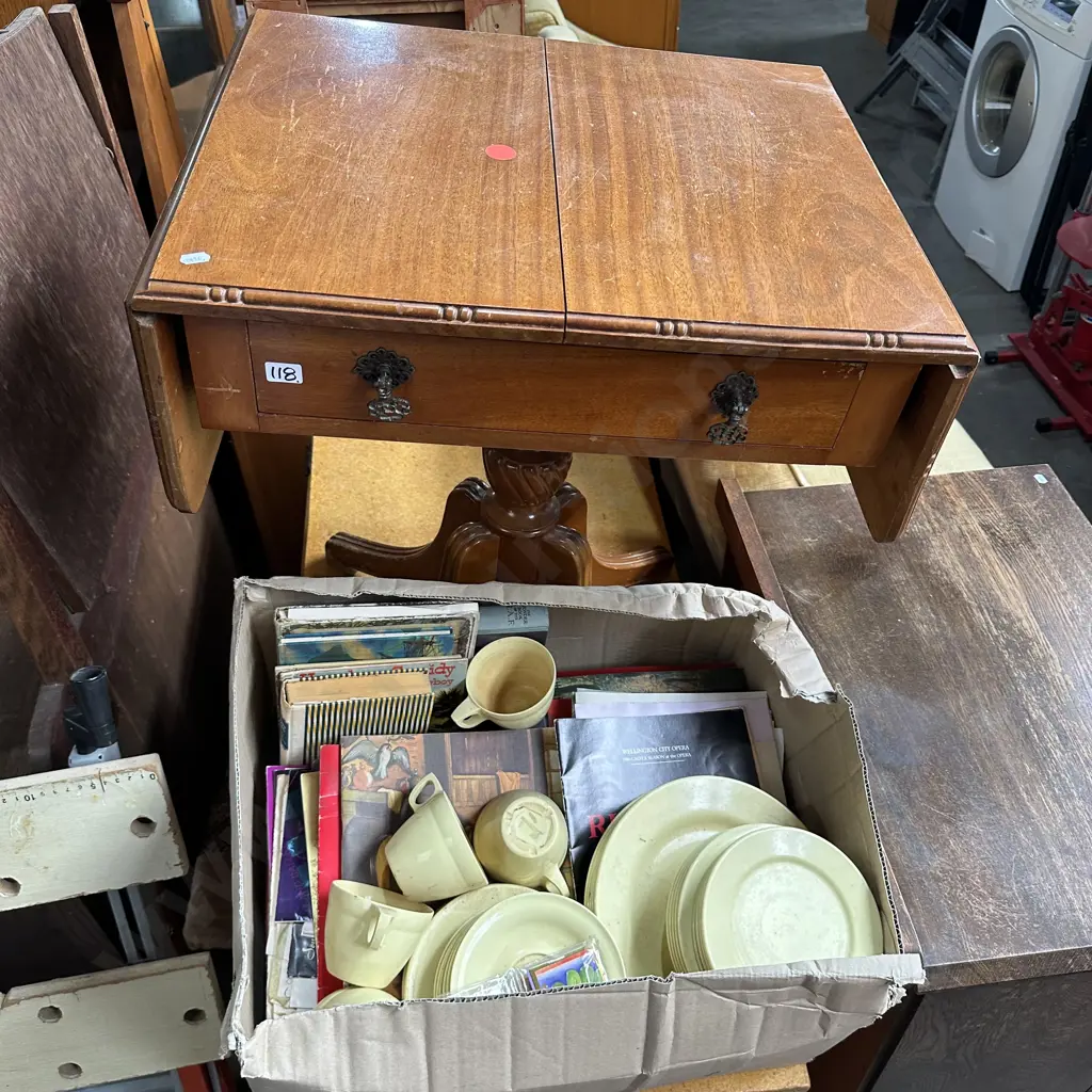 Dropleaf side table and box lot Image 1++