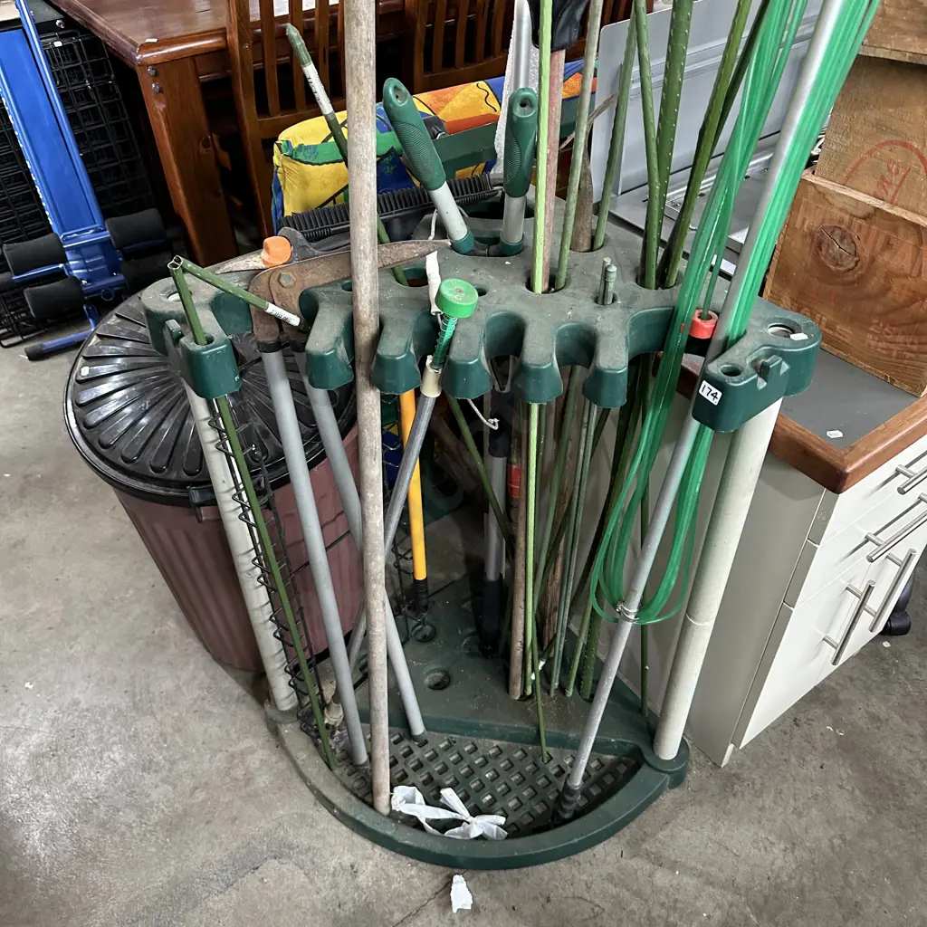 Garage garden tool stand and contents Image 1++
