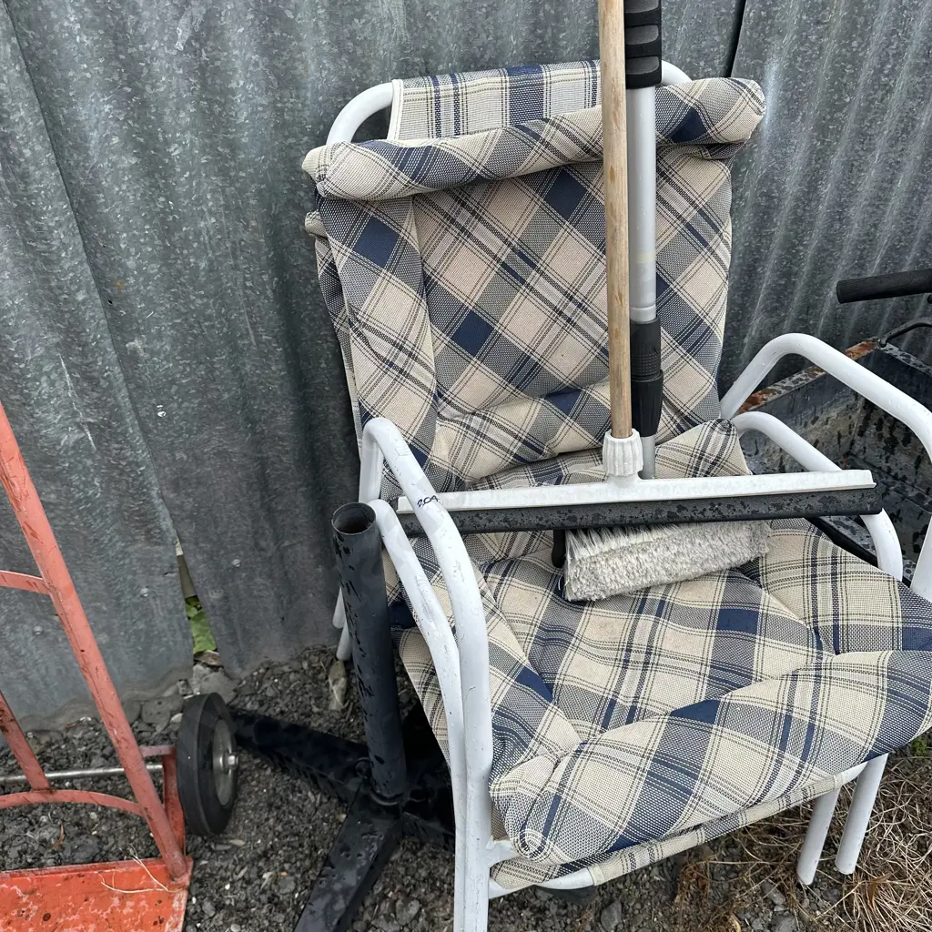 2 chairs, scrubber  hose attachment and umbrella stand Image 1++