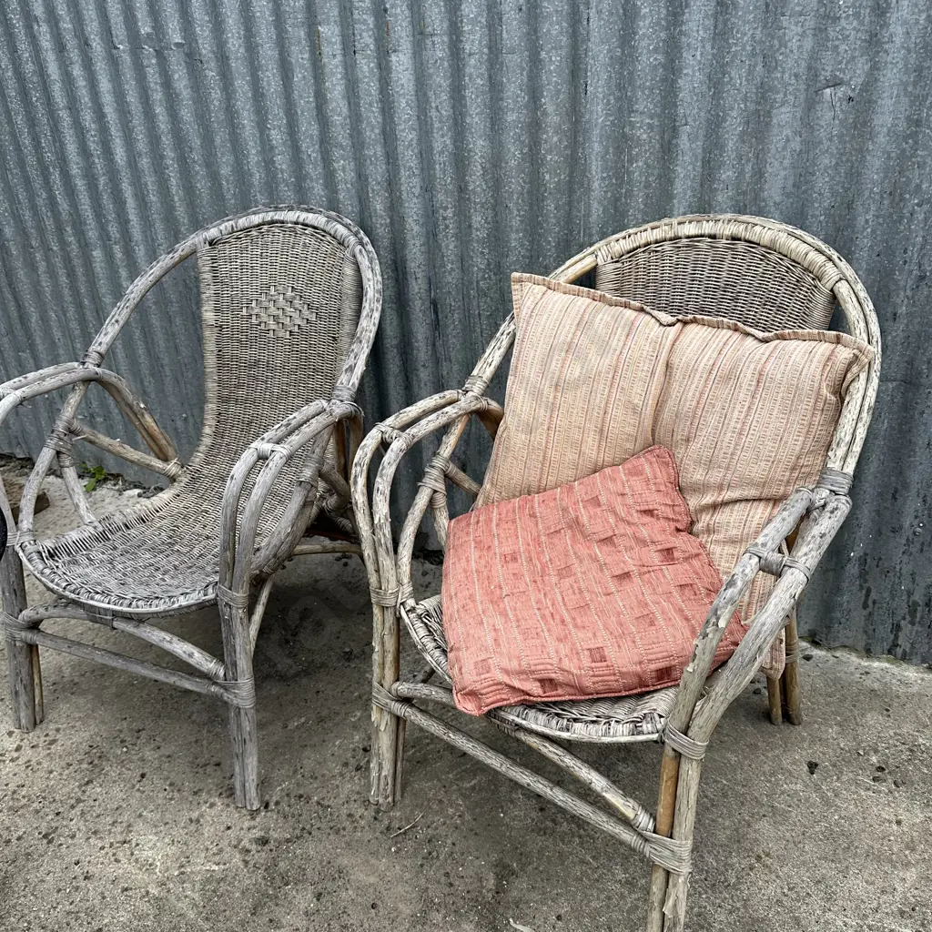 Wicker chair, pipe tube, cones, metal shelf and sign Image 1++