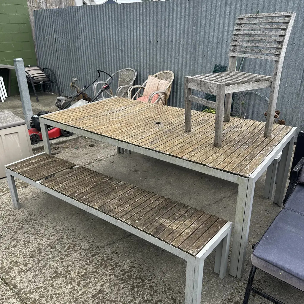 Outdoor table and bench seats plus chair - well worn Image 1++