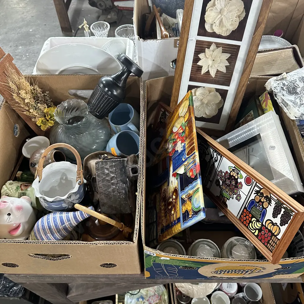 2 box lots clock, tiles, flower art, pottery etc Image 1++