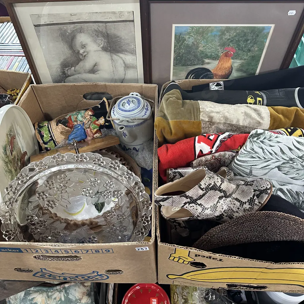 2 box lots pottery, glass platter, teapot, throws, hats etc Image 1++