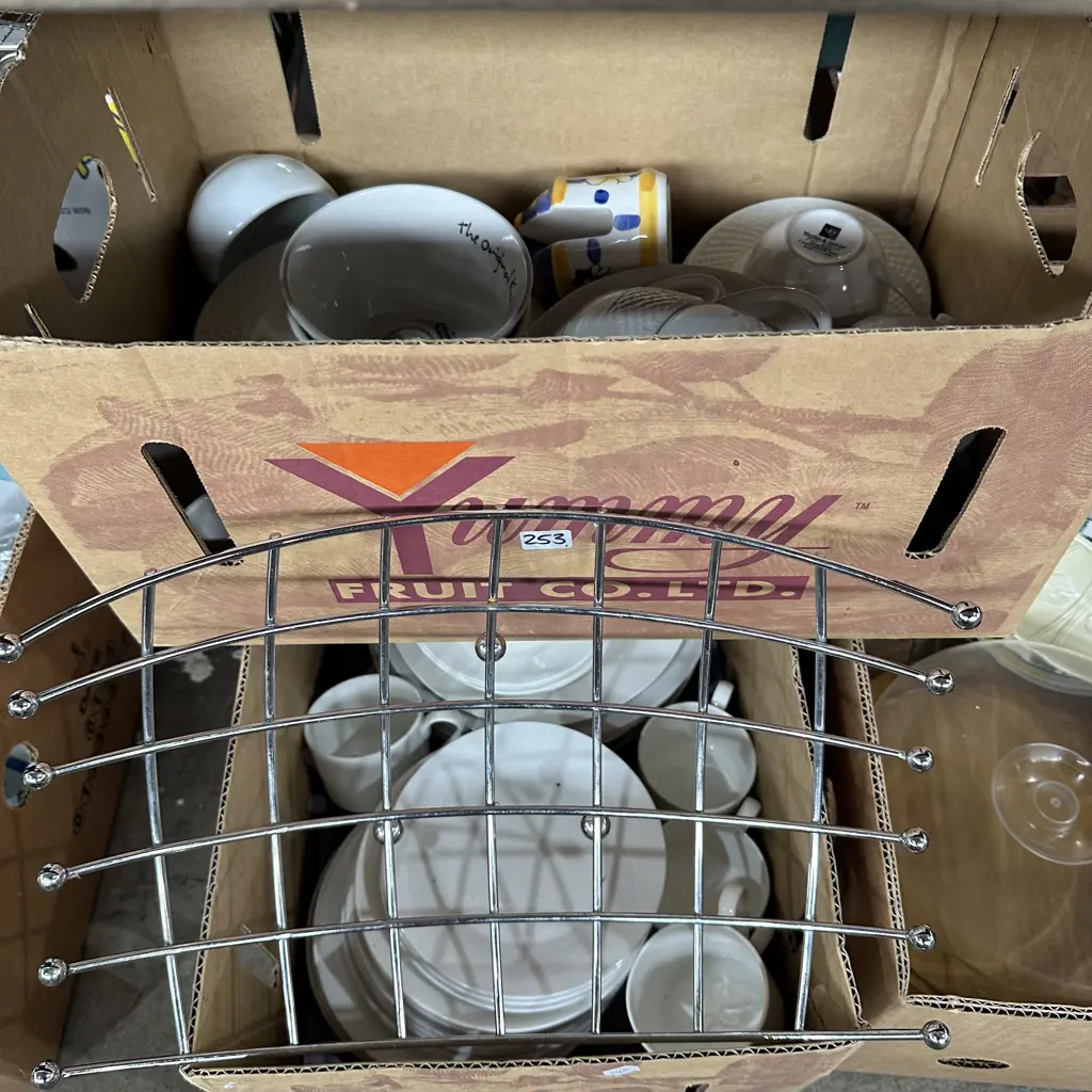 2 boxes dinnerware, modern fruit bowl etc Image 1++