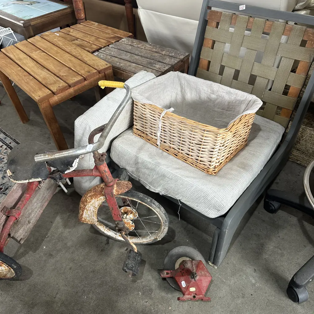 60s webbed back low chair, trike, basket and grindstone Image 1++