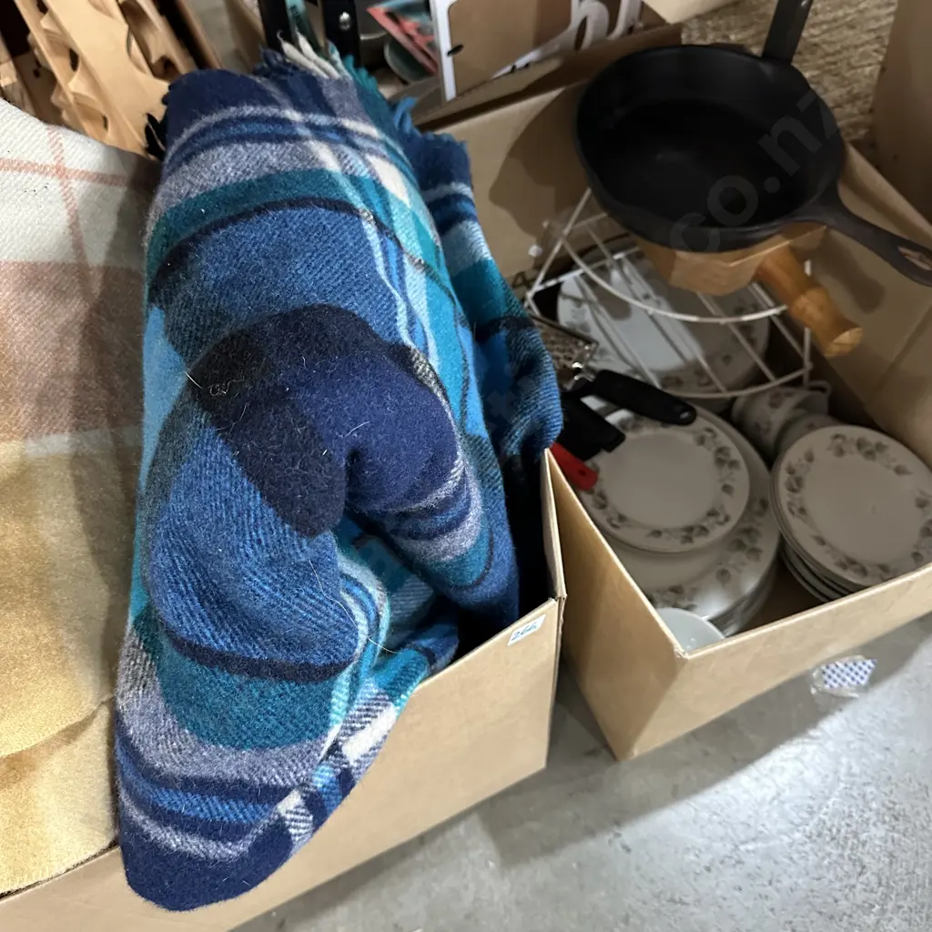 2 boxes blankets, cast pan and dinner set etc Image 1++
