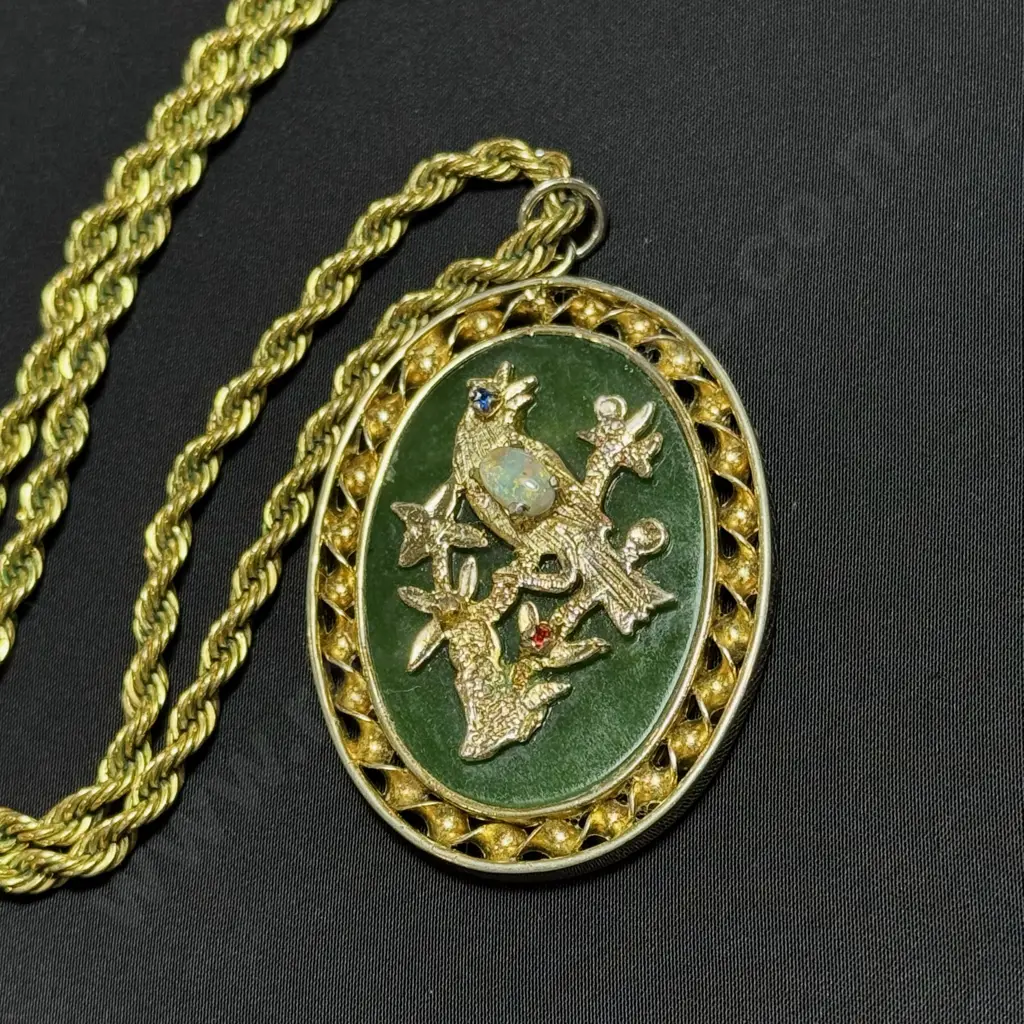 Chinese Jade pendant with set stones inc Opal Image 1++