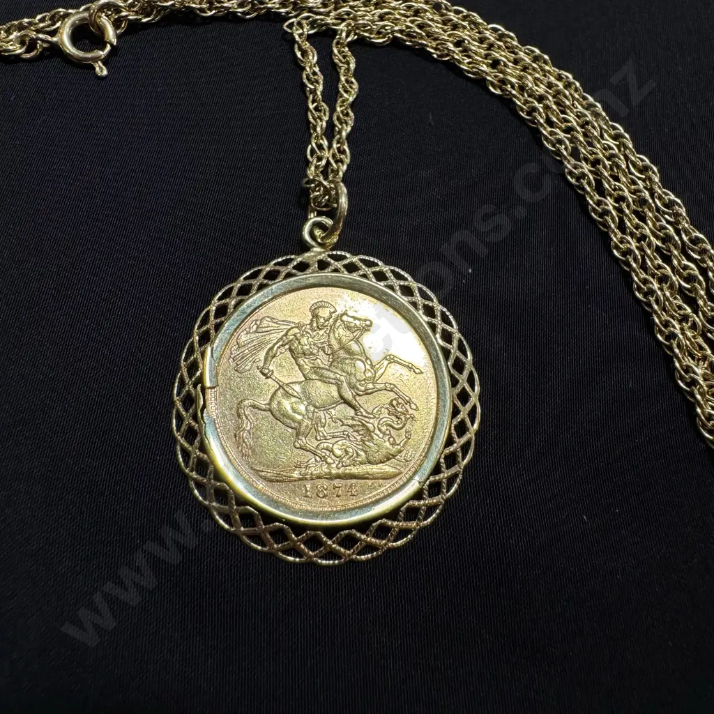 1874 Sydney Mint Gold Sovereign  pendant on chain Image 1++