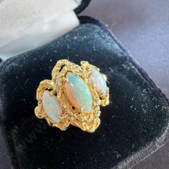 14ct Yellow Gold dress ring of Asian origin, 3 MILK opals (not case)