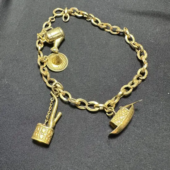 Hollow Gold chain bracelet with 4 various charms (1 stamped 14k)