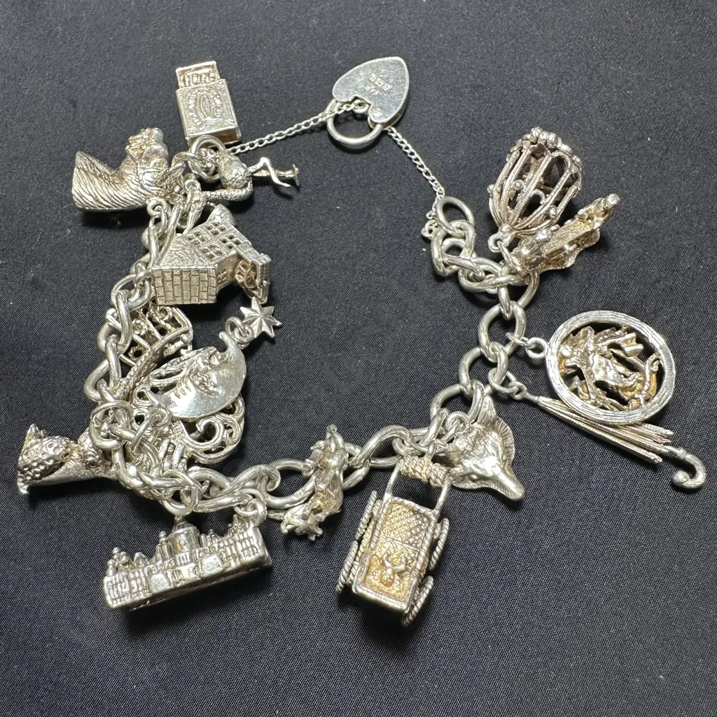 FAR Stamped Sterling Silver  charm bracelet (16 charms, not stamped) Image 1++