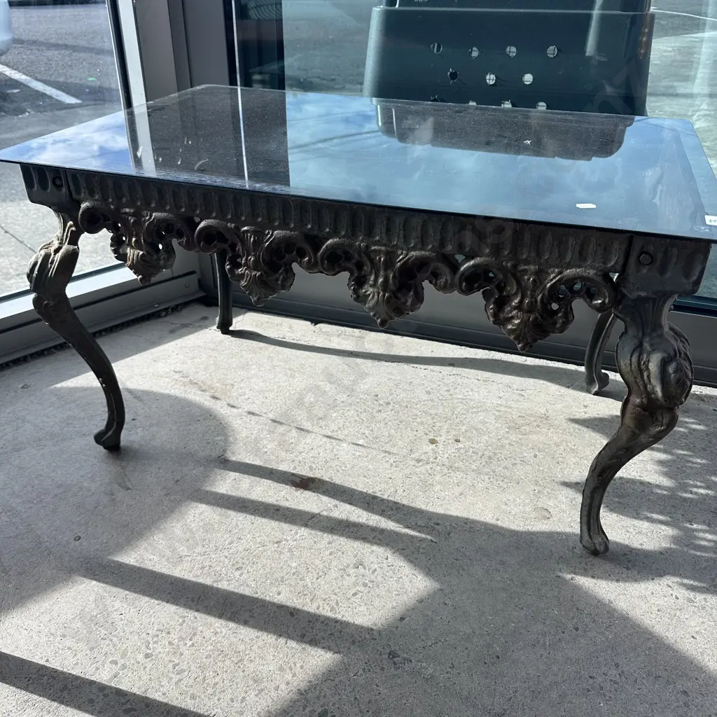Heavy cast iron coffee table base, glass top Image 1++
