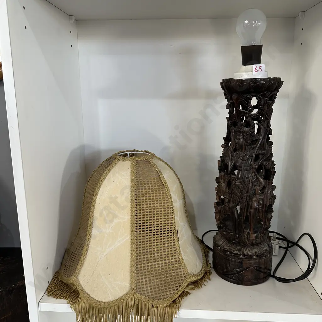 Carved wooden Balinese lamp 420mm plus shade Image 1++
