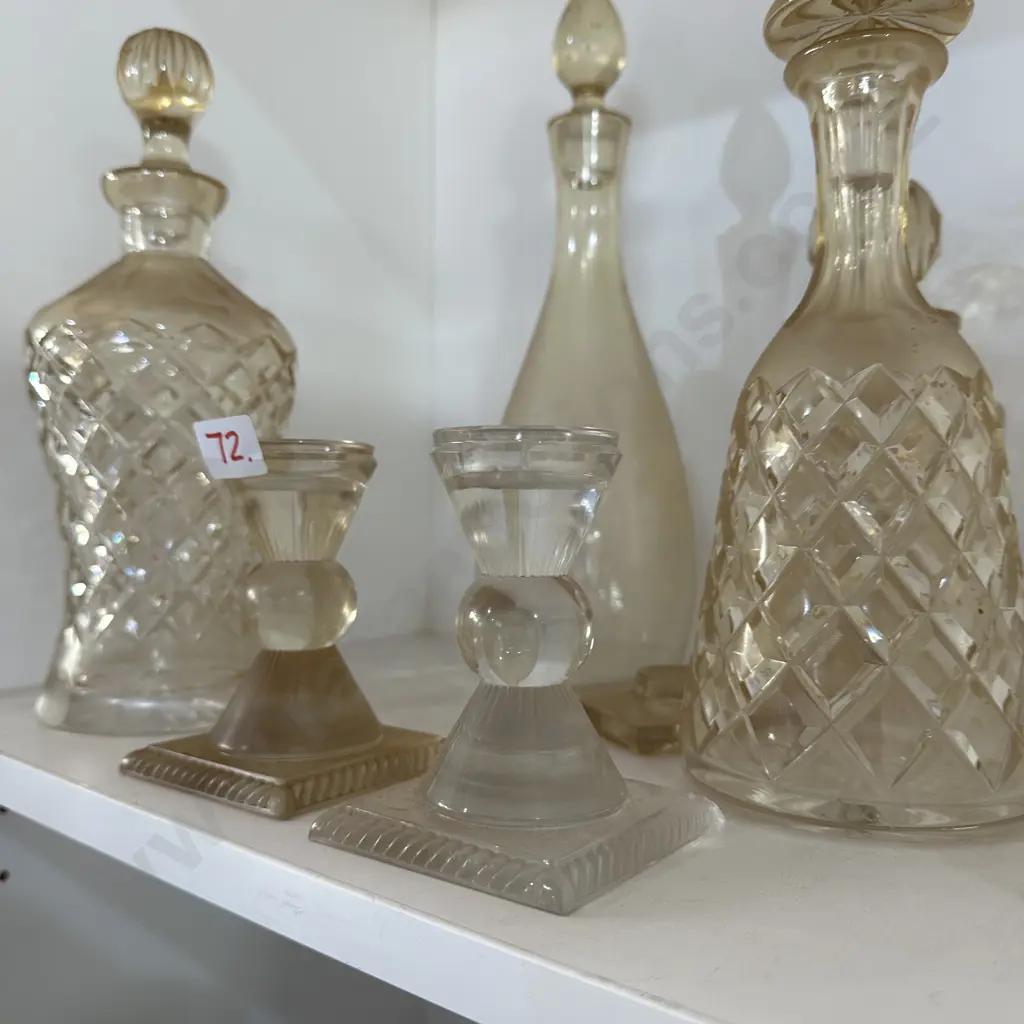 Pr signed candle holders, 2 good vintage decanters plus 2 damaged decanters Image 1++