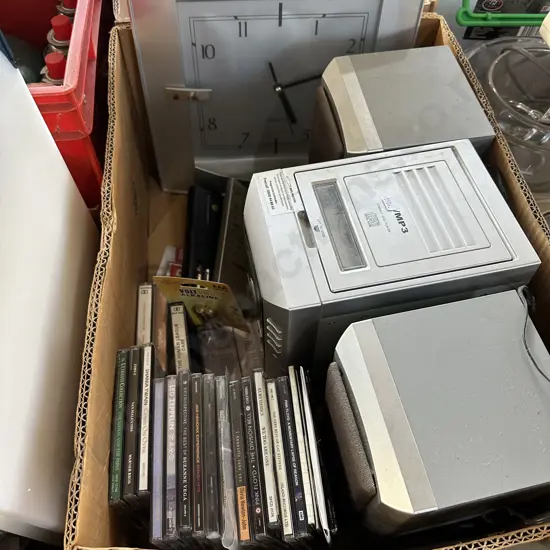 CDs, stereo, clock