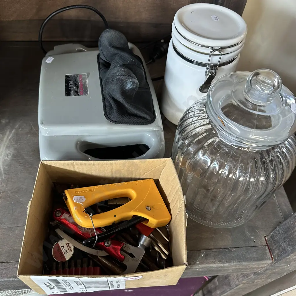 Tools, massager, jars, bike rack plus an office chair Image 1++