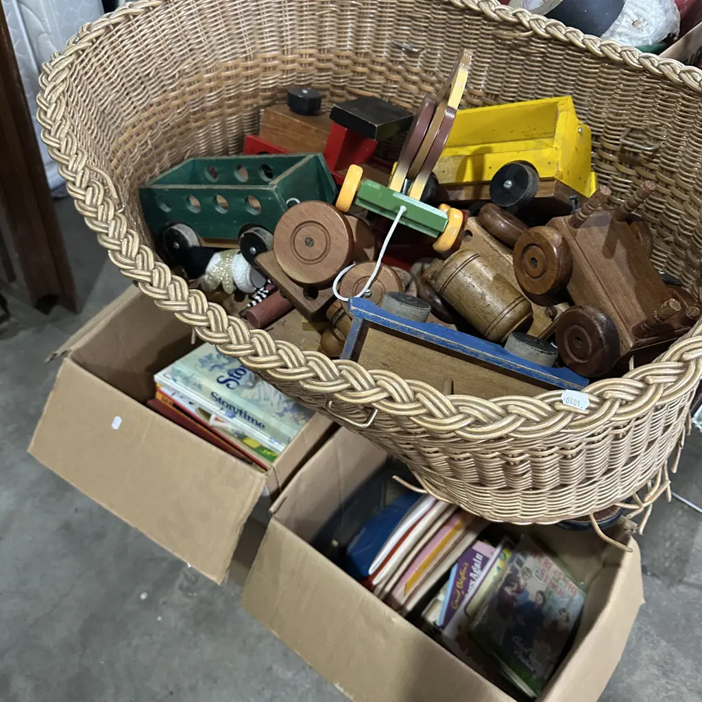 Wooden toys, basket and 2 box books Image 1++