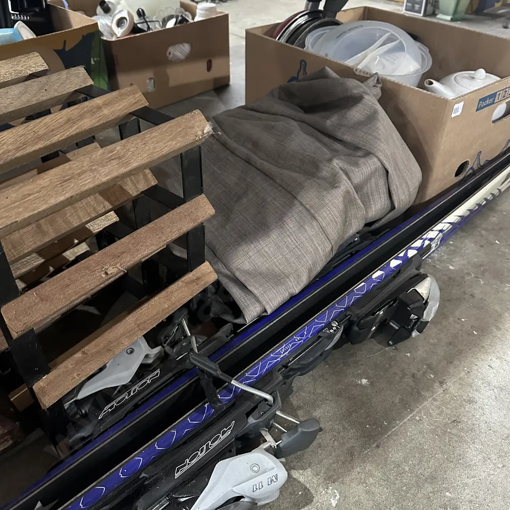 Drapes, wine rack, skis and box lot Image 1++