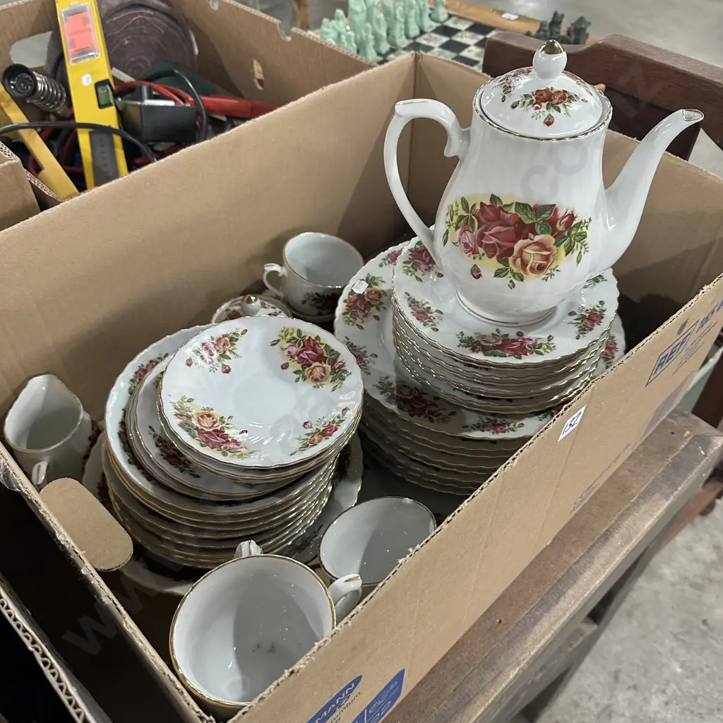 Large box of Royal China English Rose dinnerware Image 1++