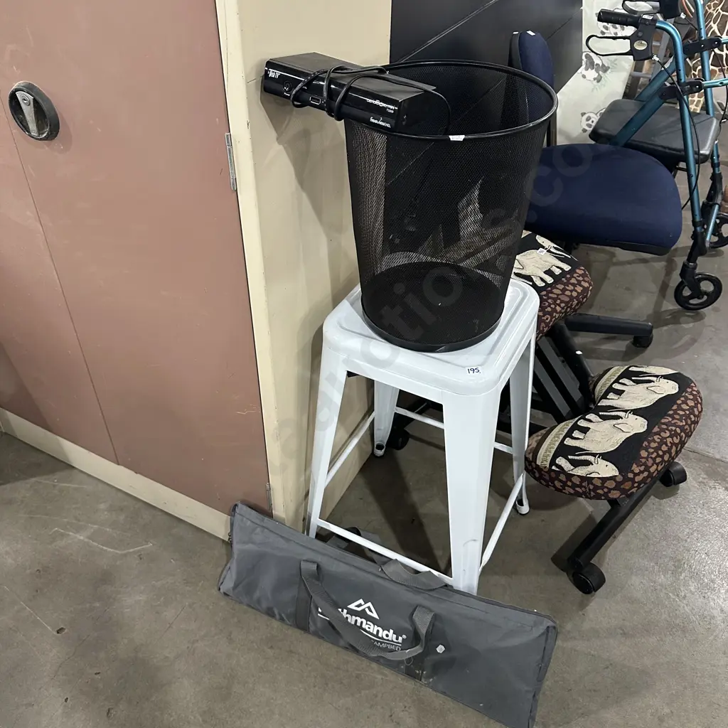 Bar stool, rubbish bin, camp bed, free view Image 1++