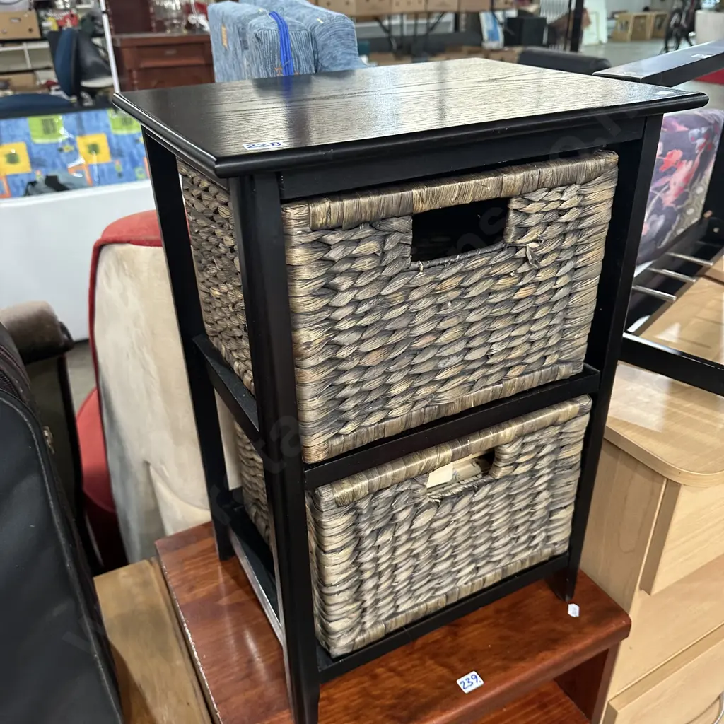 Wicker basket side table and contents Image 1++