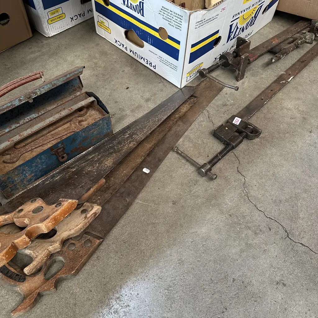 Sash clamps and saws plus old tool box Image 1++