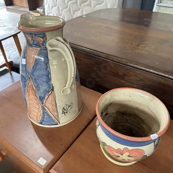 Large signed pottery jug plus planter