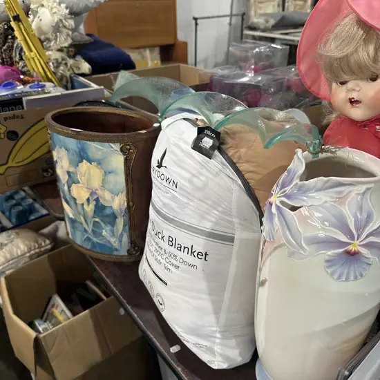 Feather blanket, vase, doll, bin and fan, plus wind spinner
