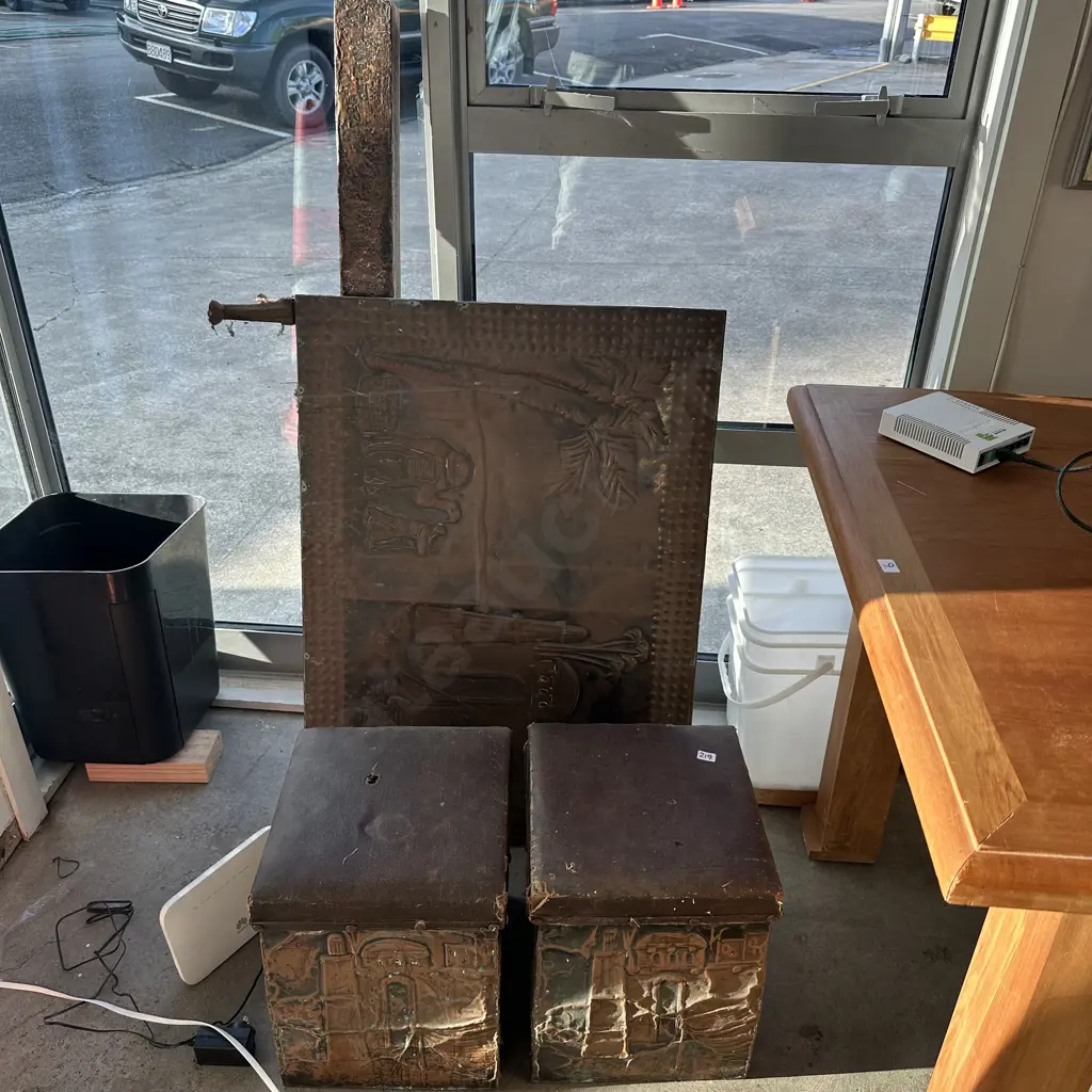 Brass coal boxes and fire screen missing leg Image 1++