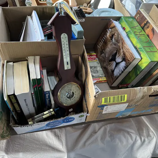 3 box teaspoon collection, books and barometers