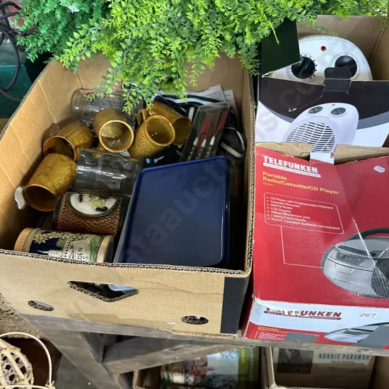 Heater, stereo and box lot