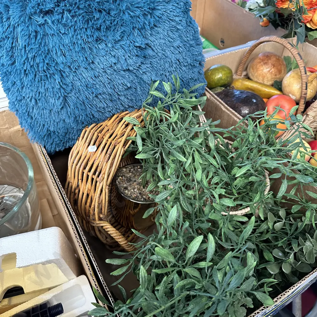Potted fake plants, basket and cushion Image 1++