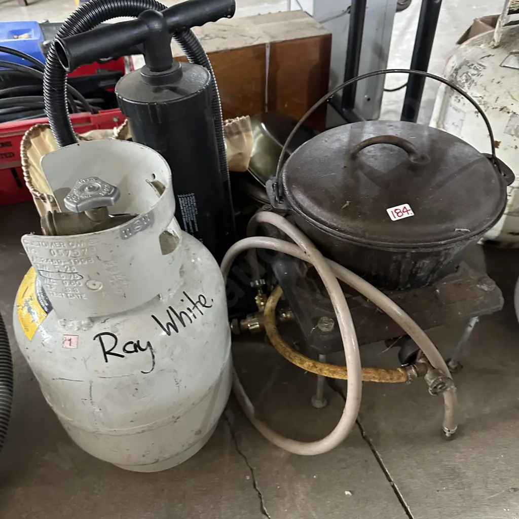 Camping cast iron pot, cooker, bottle and pans, pump Image 1++