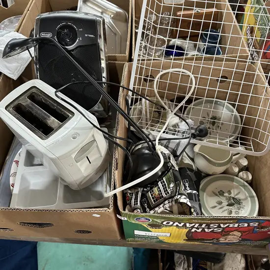 2 box woodsware, heater , platters etc